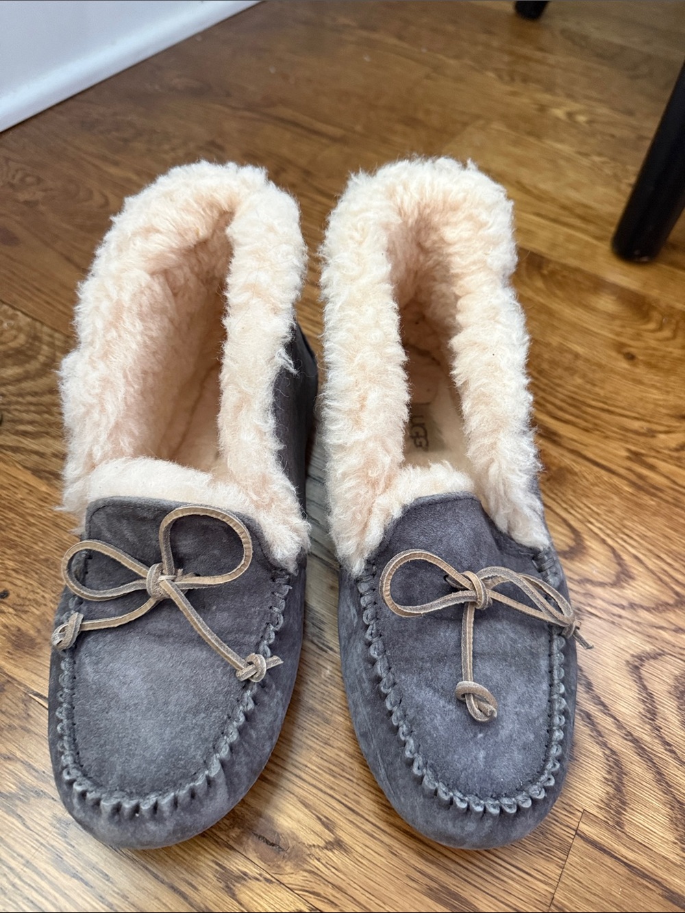 UGG Women's Grey Suede Moccasin Slippers with Cream Shearling